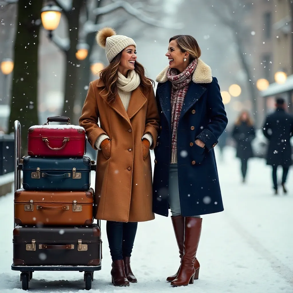 Laughing Winter Duo with Luggage Cart in Snow