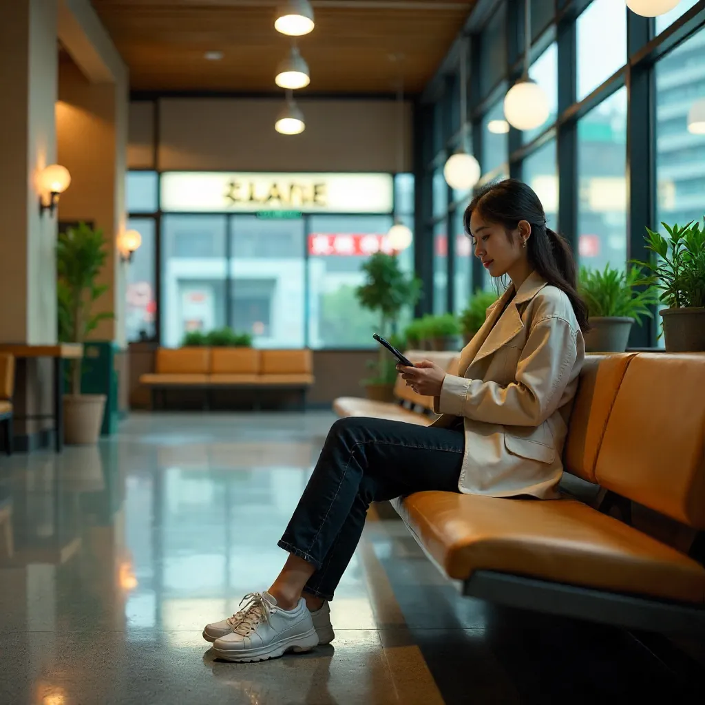 Tokyo Indoor Bench Moment: Woman with Smartphone