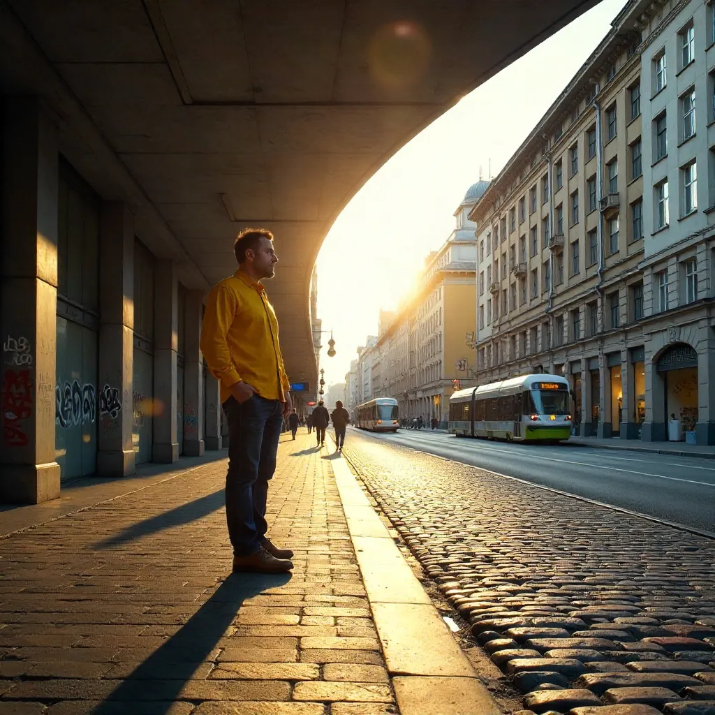 Man in Yellow Shirt Leaning on Berlin's Curved Structure