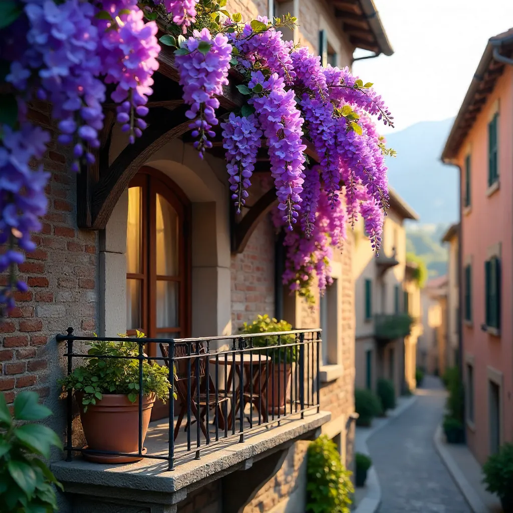 Wisteria-Draped Balcony on Rustic Brick House