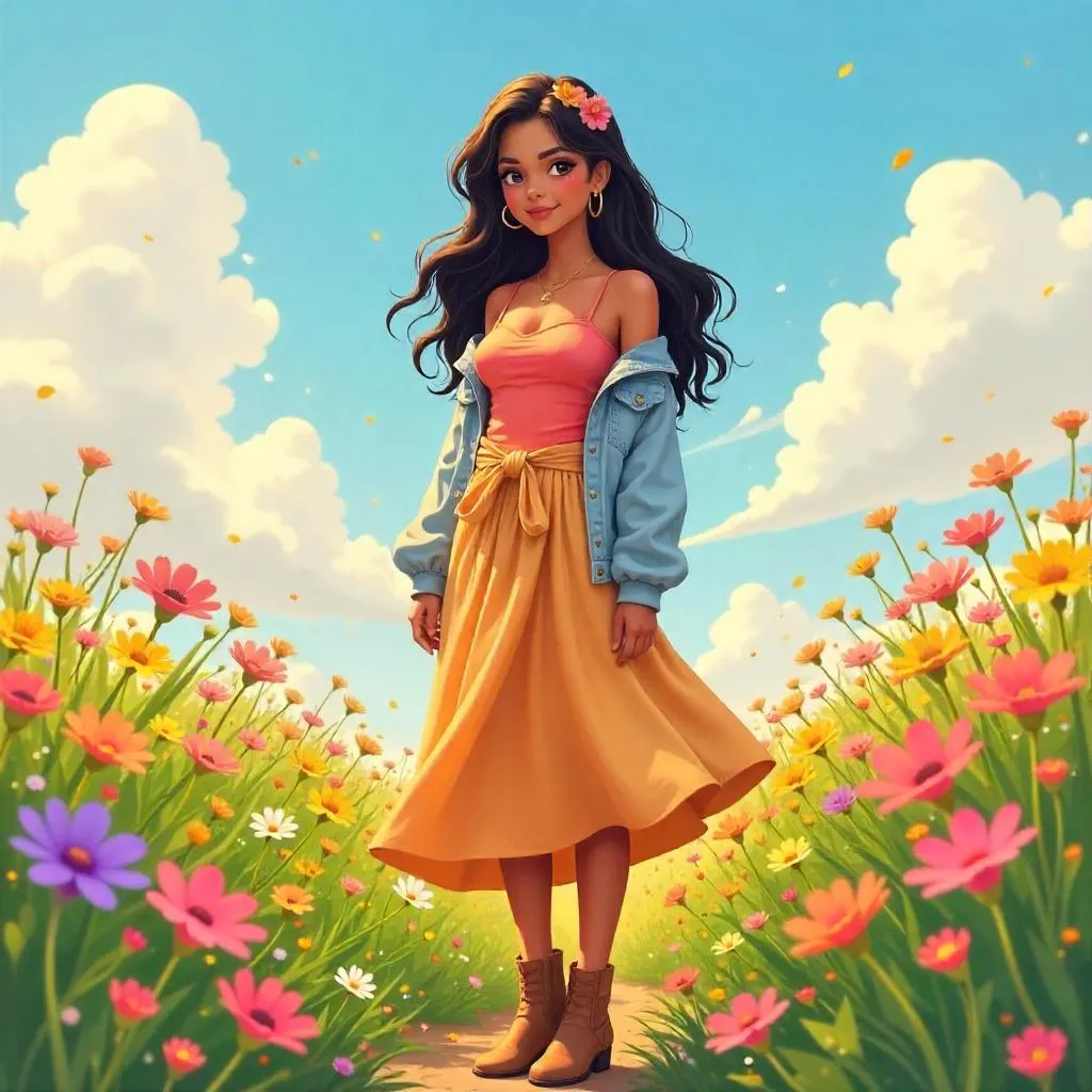 Stylish Latina Girl in an Anime Field of Flowers