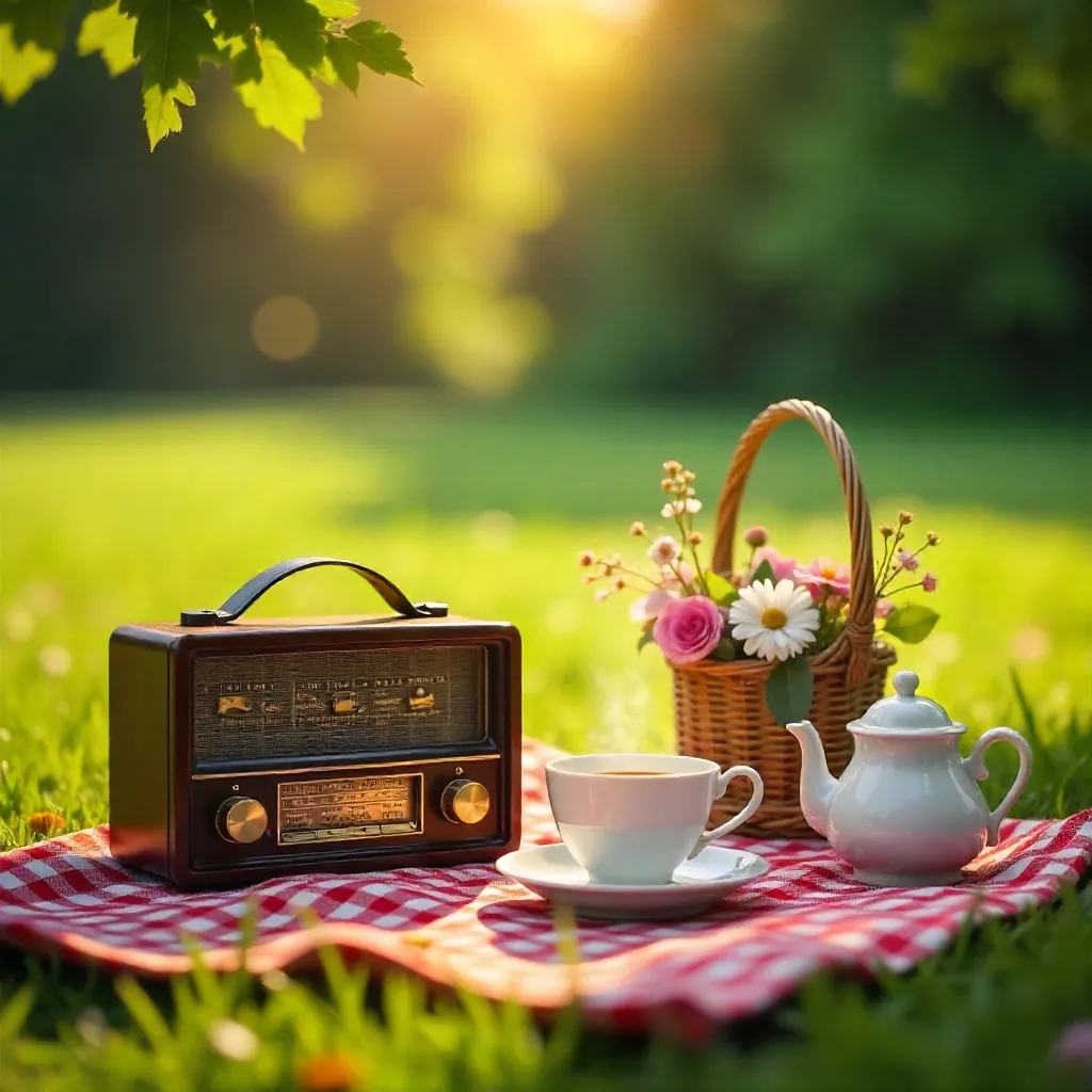 Charming Outdoor Picnic with Vintage Radio and Tea