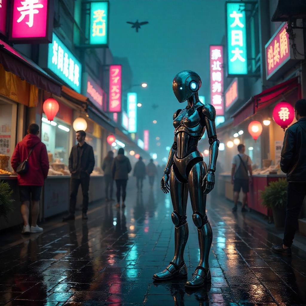Neon Rain: A Robot in the Cyberpunk Town Square