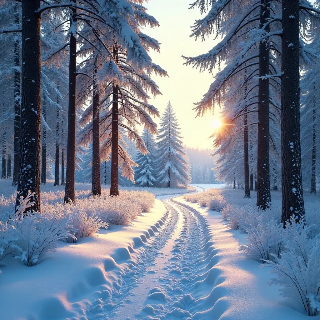Serene Winter Forest Path with Frosted Trees
