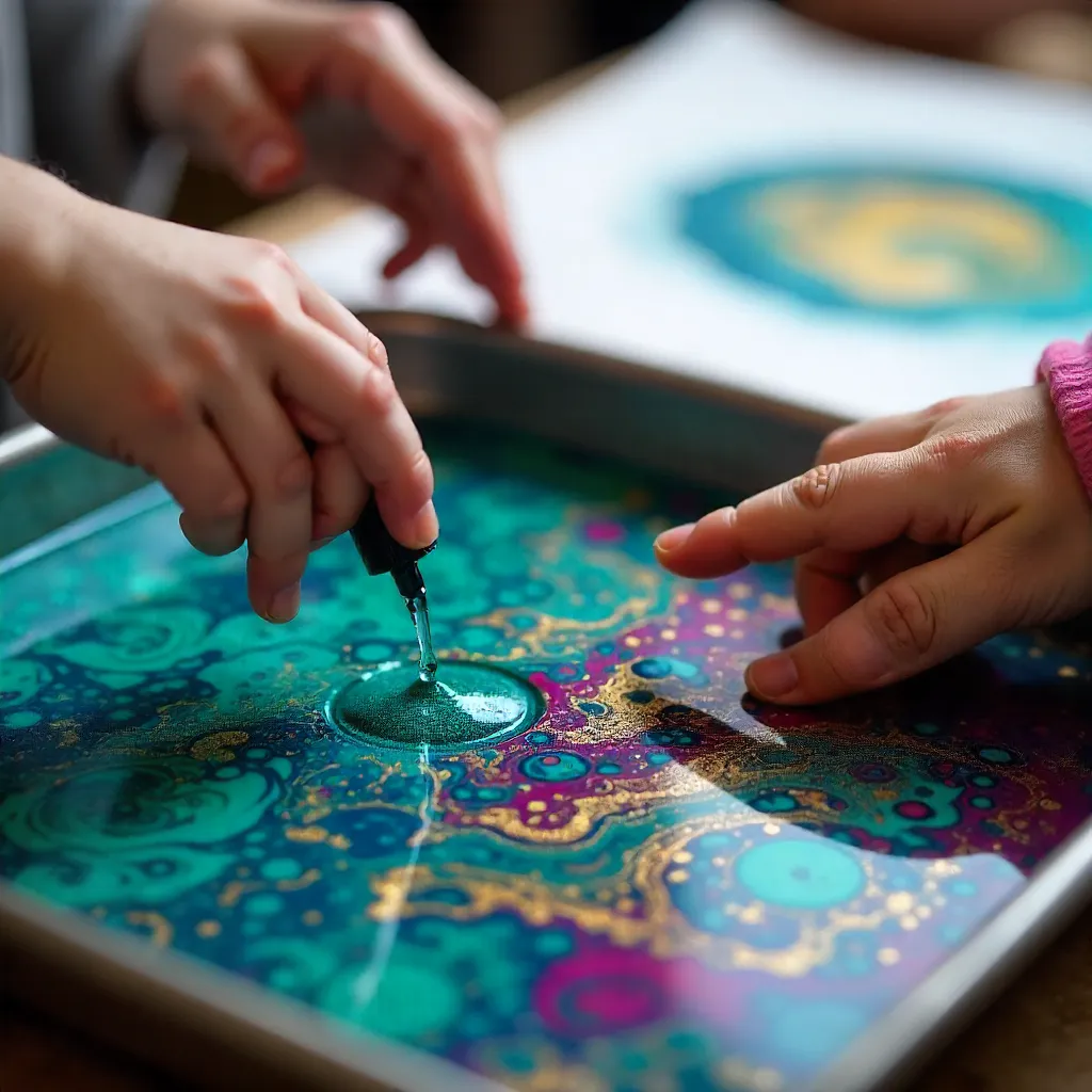 Close-Up of Children Creating Ebru Marbling Art