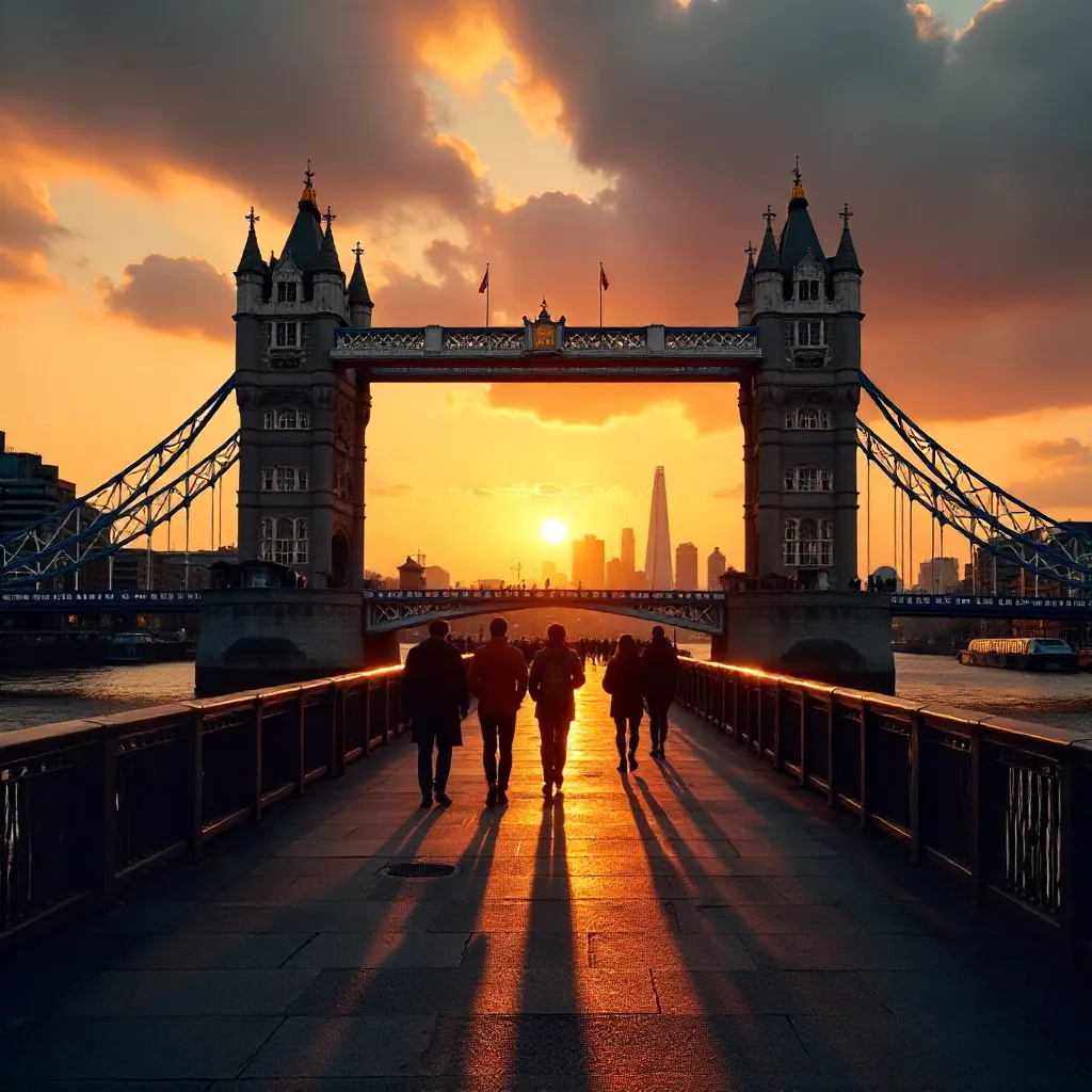 Silhououred Walkers on Tower Bridge at Sunset