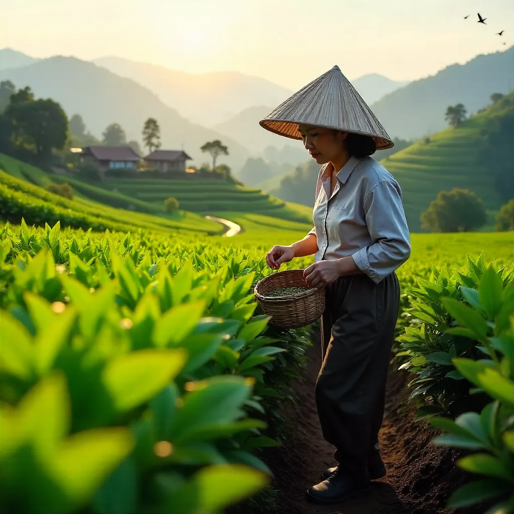 Tea Picker in Phú Thọ’s Verdant Tea Fields