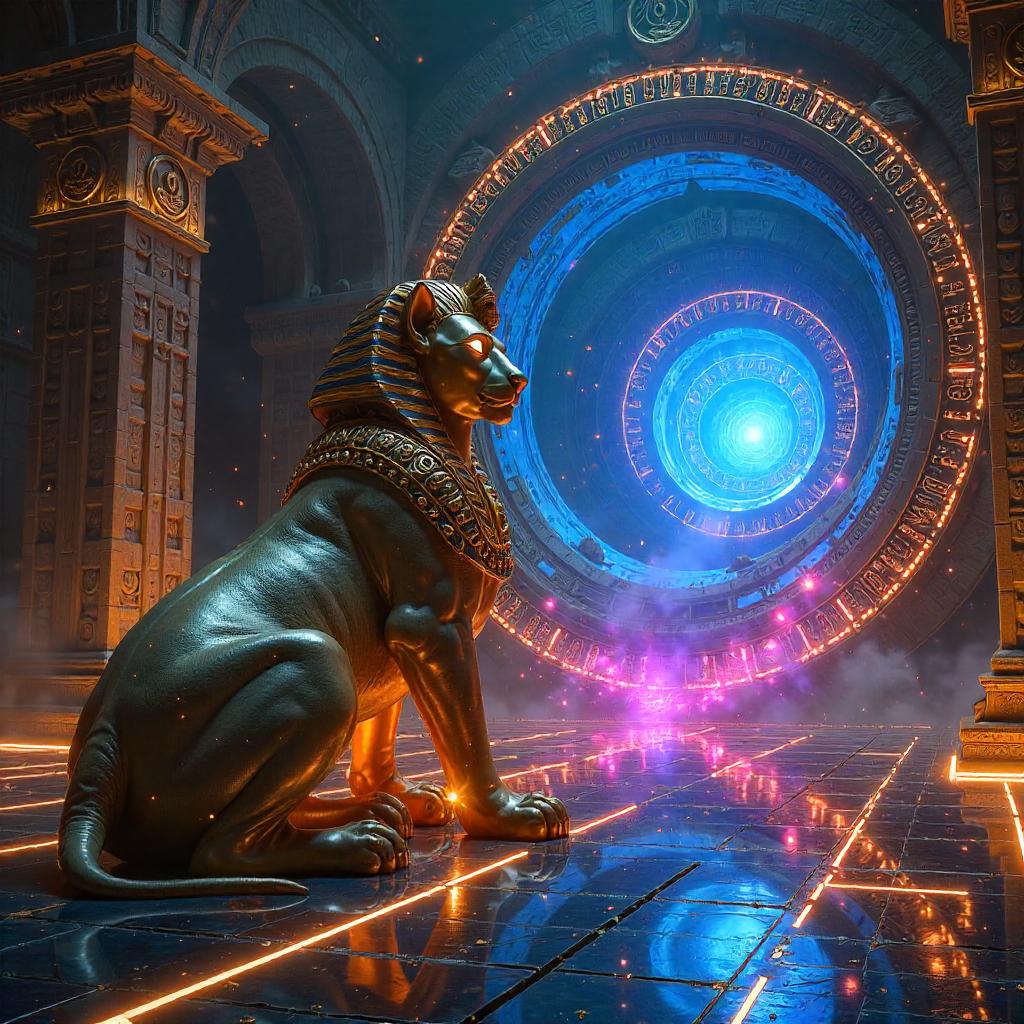 Sphinx in a Neon Portal Chamber