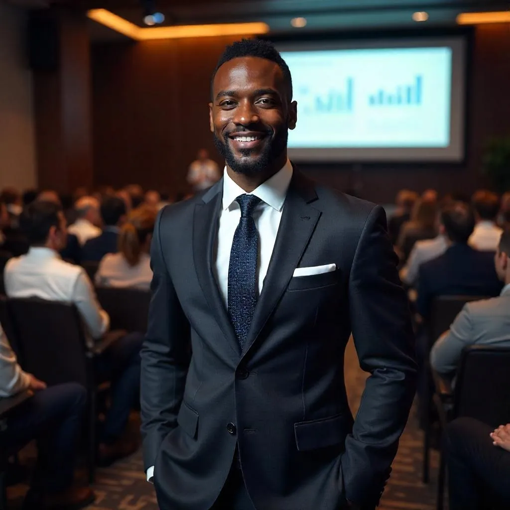 Stylish Black Man at a Conference, Photorealistic