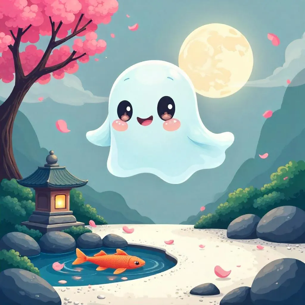 Playful Cartoon Wraith in a Tranquil Zen Garden