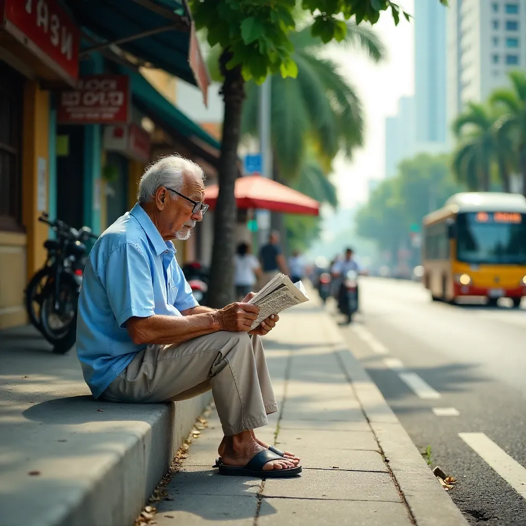 An Elderly Man Reading a Newspaper on a Singapore Street