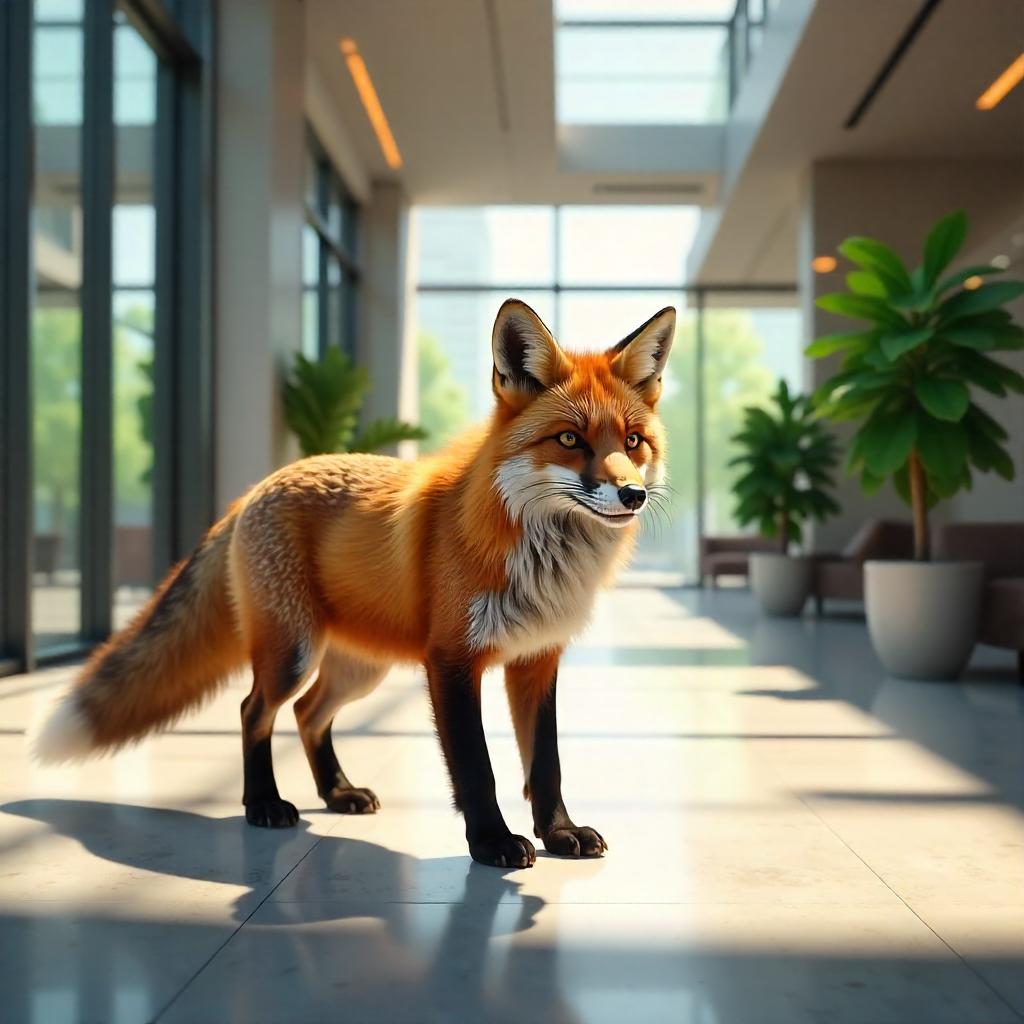 Photorealistic Fox in a Modern Office Lobby
