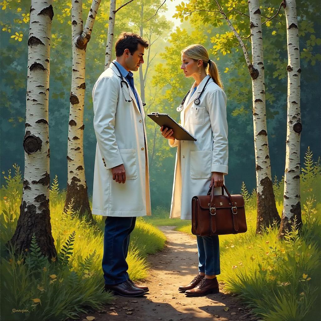 The Doctor Among Birch Trees: An Oil Painting