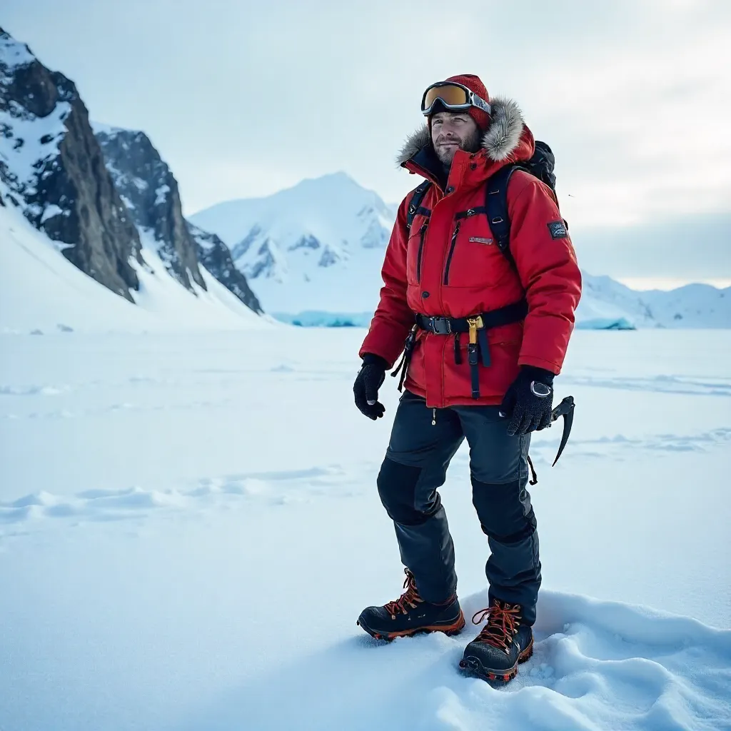 Polar Explorer Amid Rocky Antarctic Cliffs