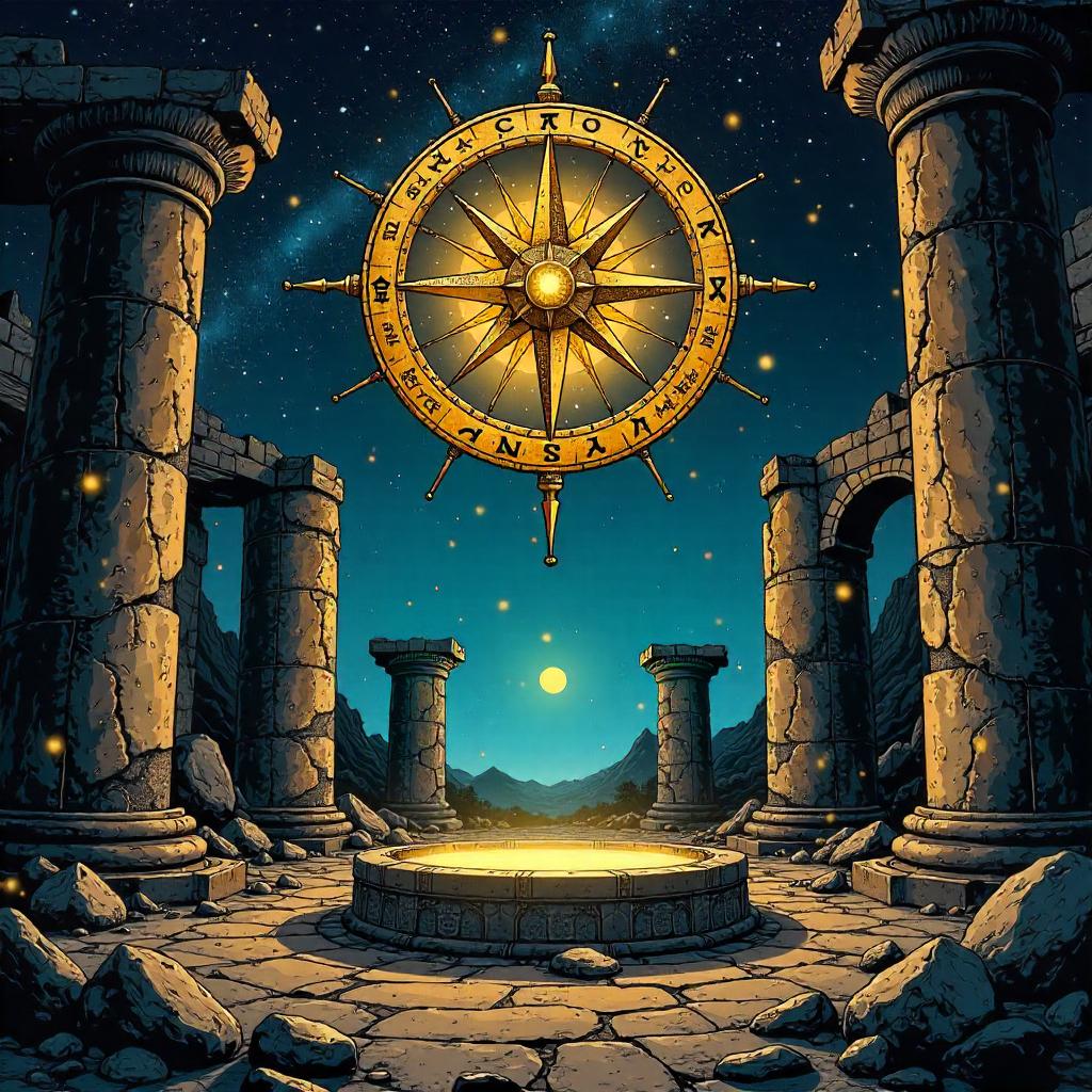 Celestial Compass in Temple Ruins — Comic Style