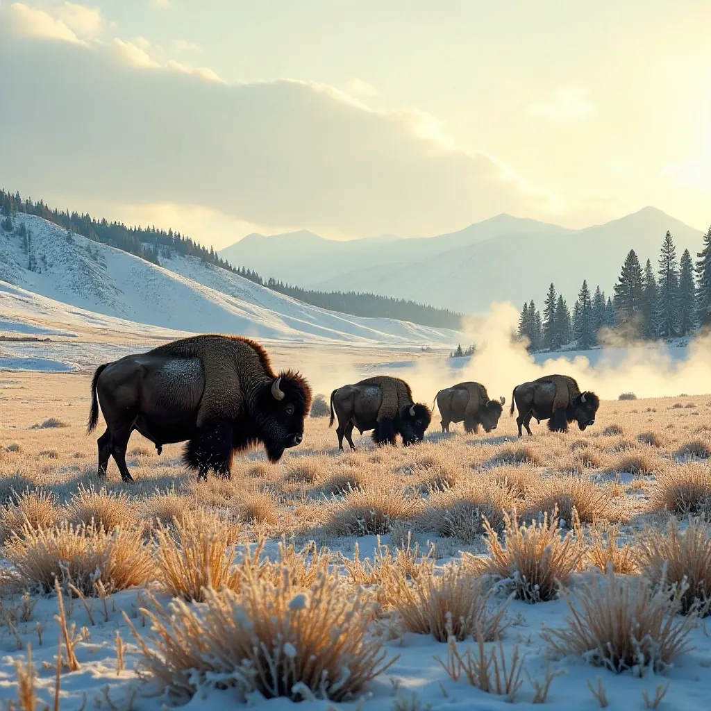 Bison Herd in Early Winter on Yellowstone Grasslands