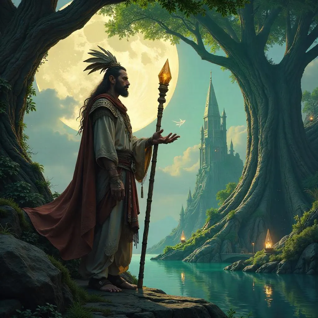 Photorealistic Shaman in an Elven City