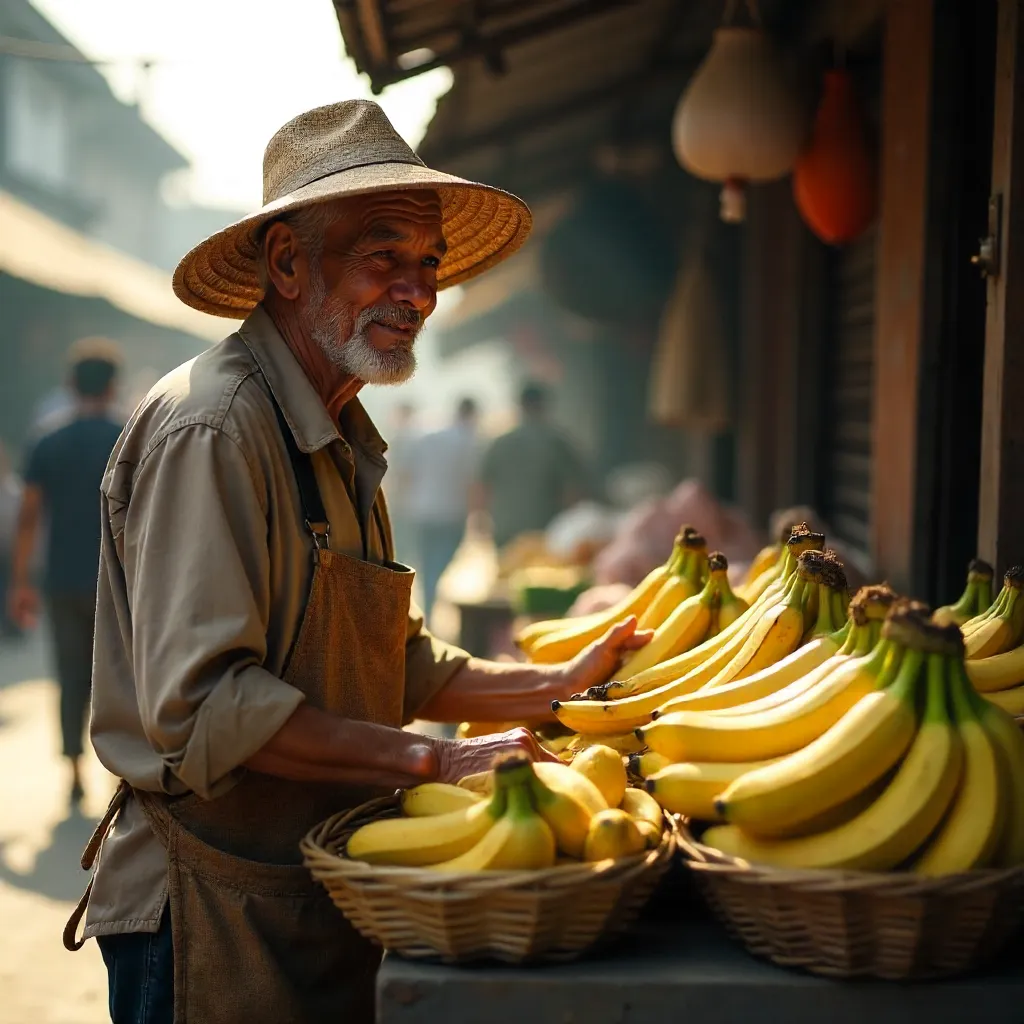 Sunlit Bananas at a Traditional Asian Market