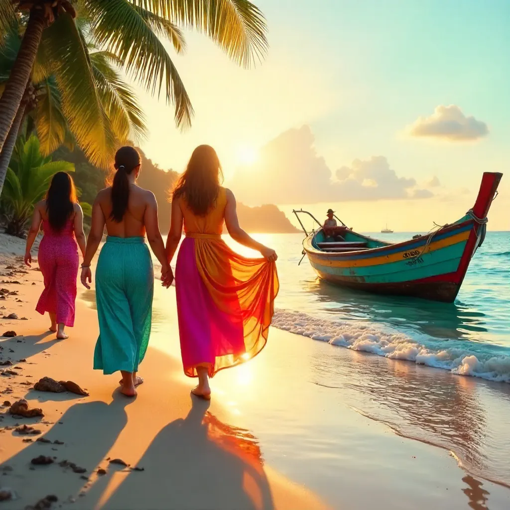 Colorful Women on Beach with Traditional Boat