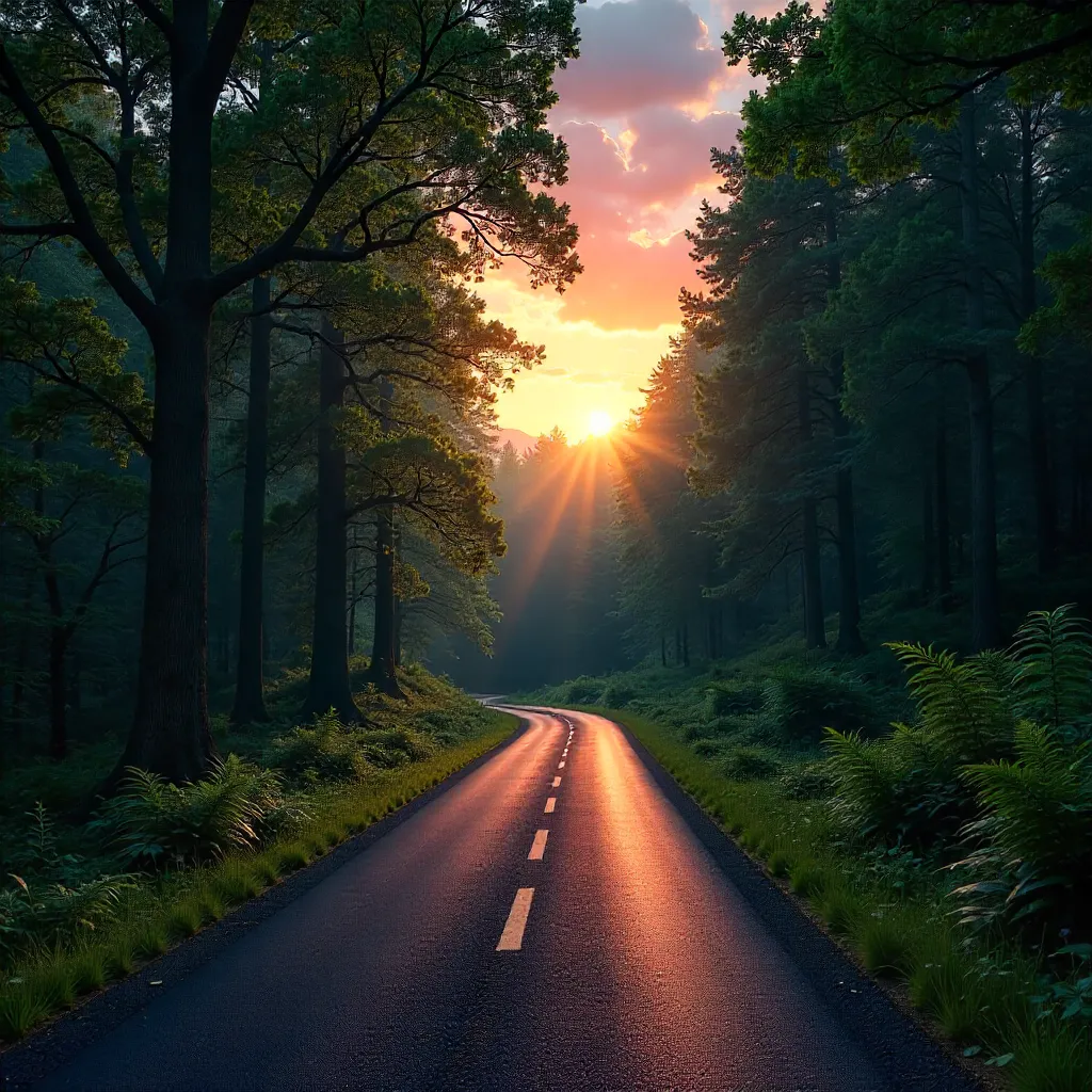 Evening Winding Road Through Lush Forest