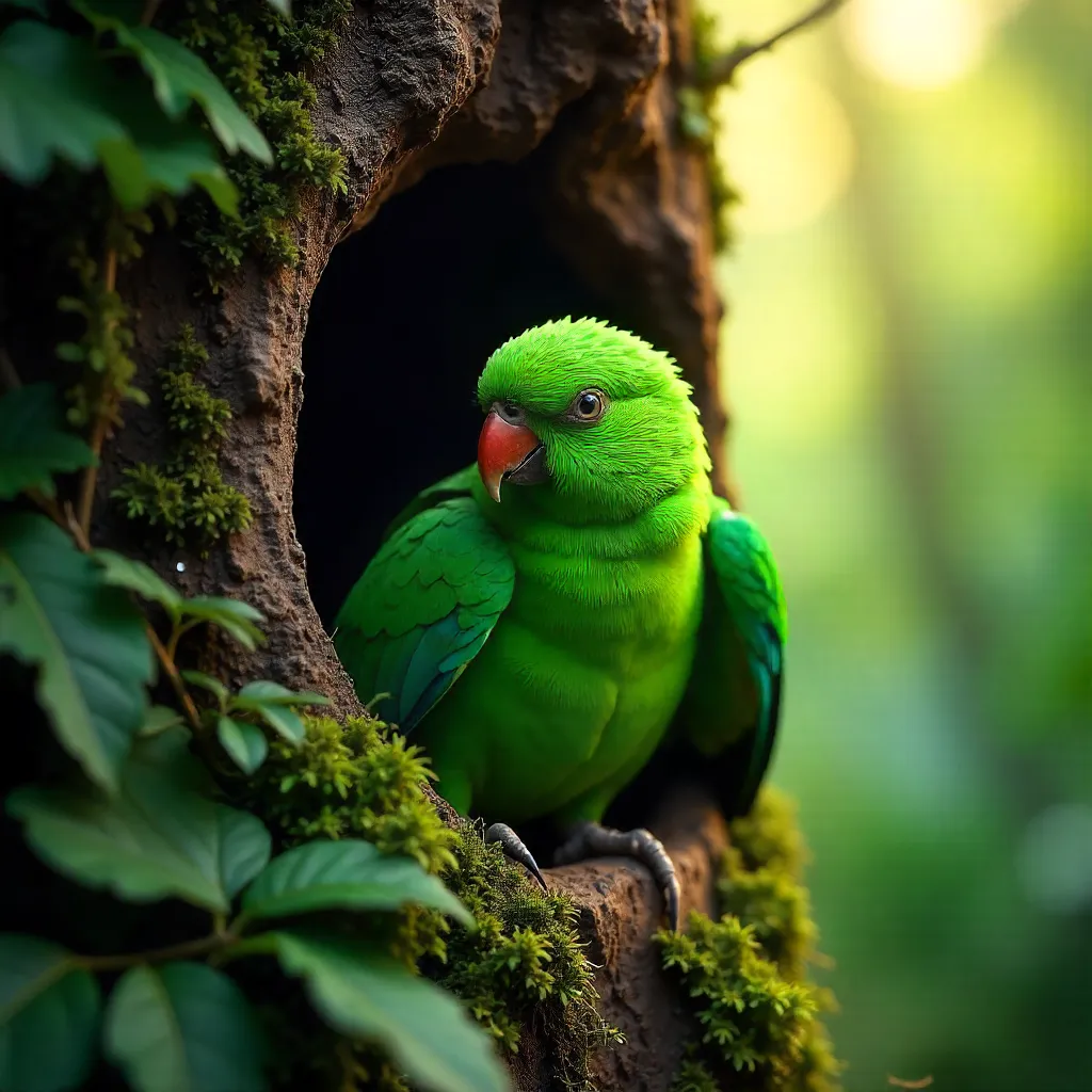 Vibrant Green Parrot Peeking from a Colombian Hollow