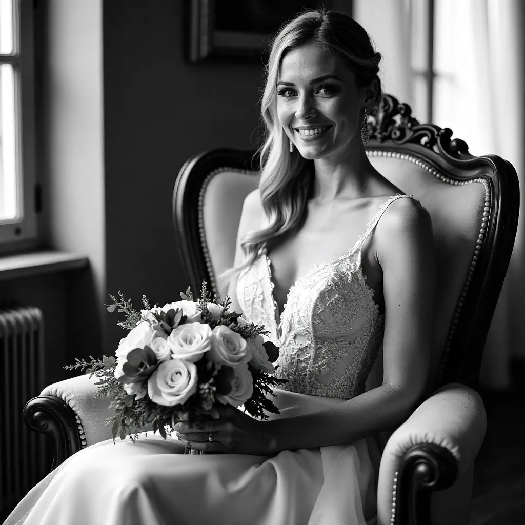 Bridal Smile in a Vintage Chair - Black & White Portrait