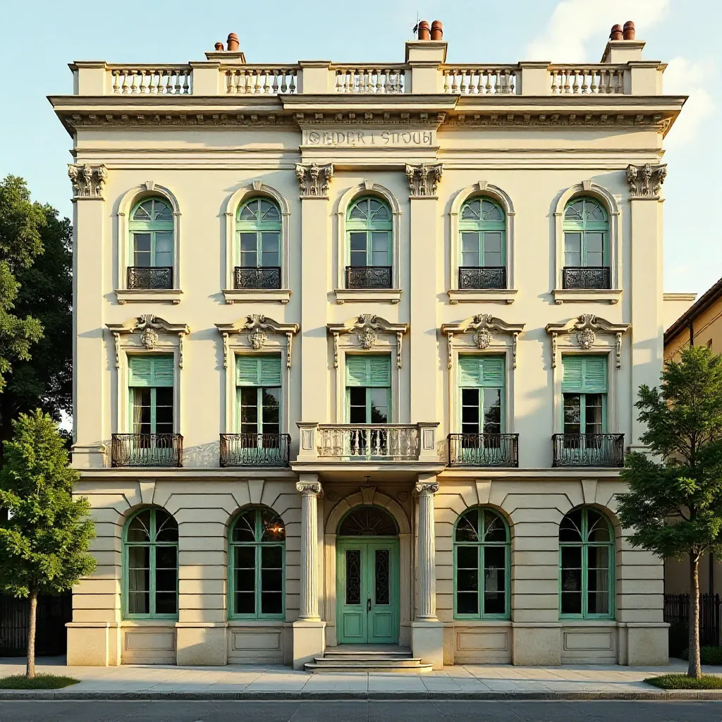 Timeless Facade with Light Green Shuttered Windows