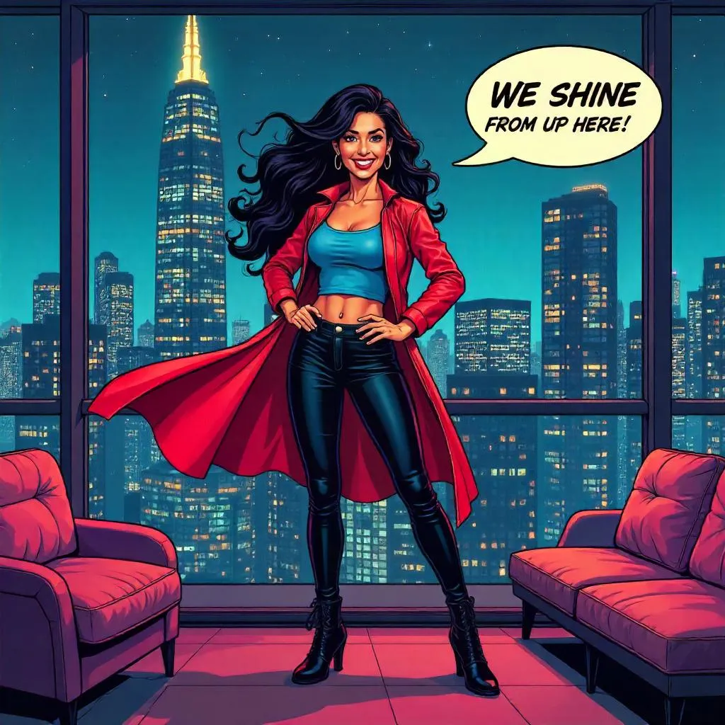 Cheerful Latina Hero in a Neon Penthouse