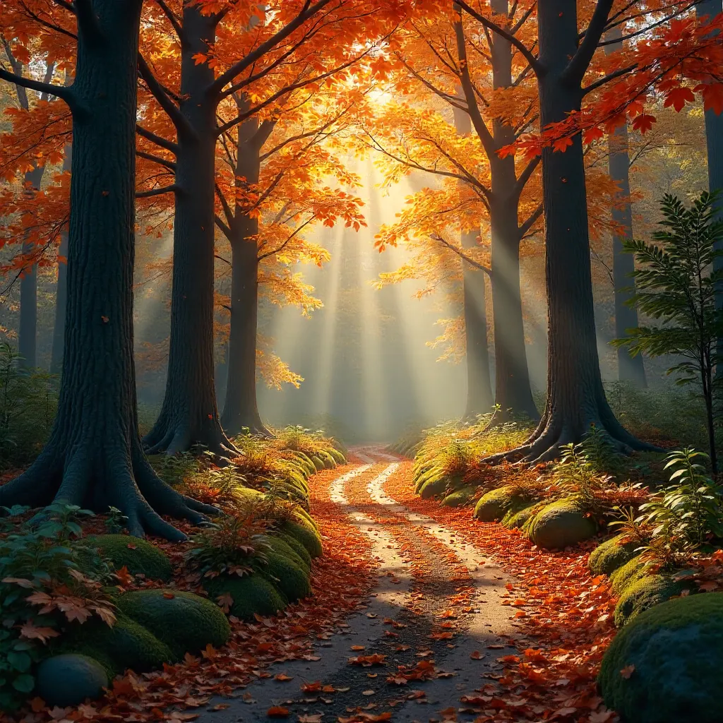 A Tranquil Autumn Forest Path Lined with Tall Trees