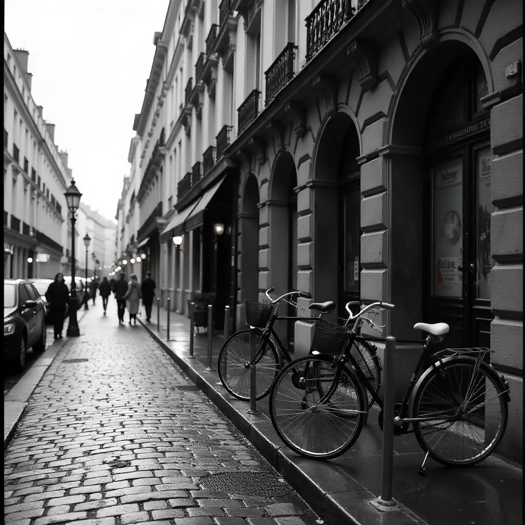 Monochrome Paris Street with Bicycles and Haussmannian Facades