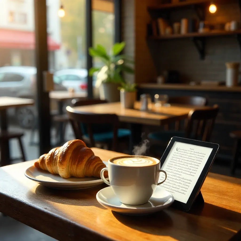 Peaceful Café Break: Croissant, Cappuccino, E-Reader