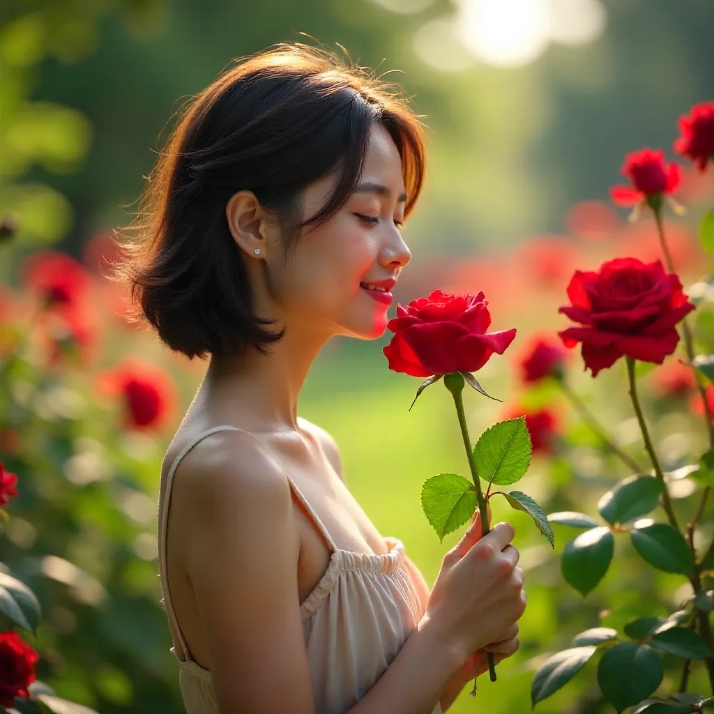 A Short-Haired Woman Smelling Red Roses Outdoors