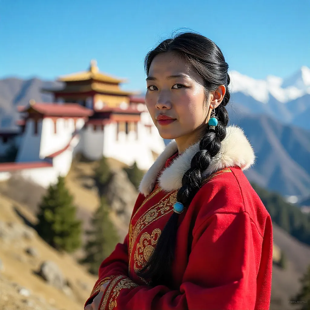 Tibetan Woman in Traditional Attire at Songzanlin Monastery