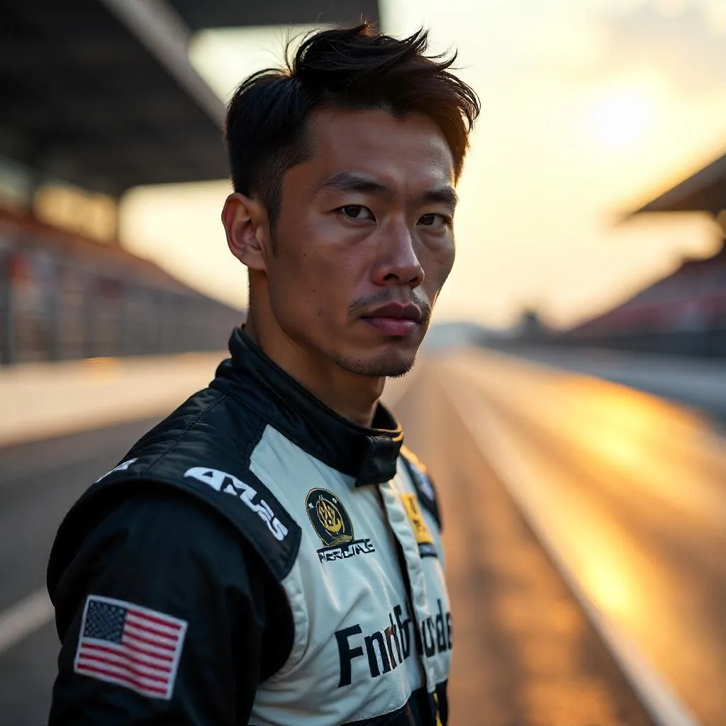 Photorealistic Asian athlete on a racetrack