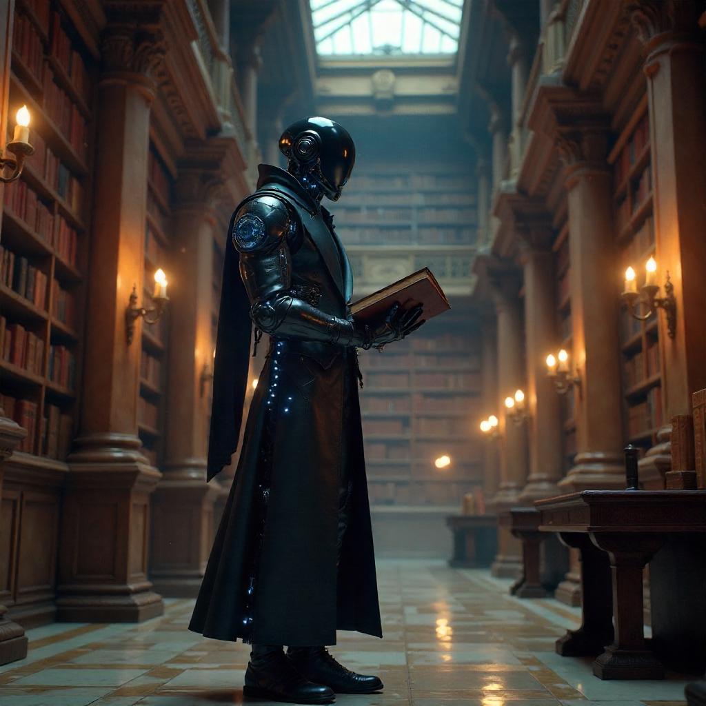 Cyborg Scholar in a Grand Library - 3D Render