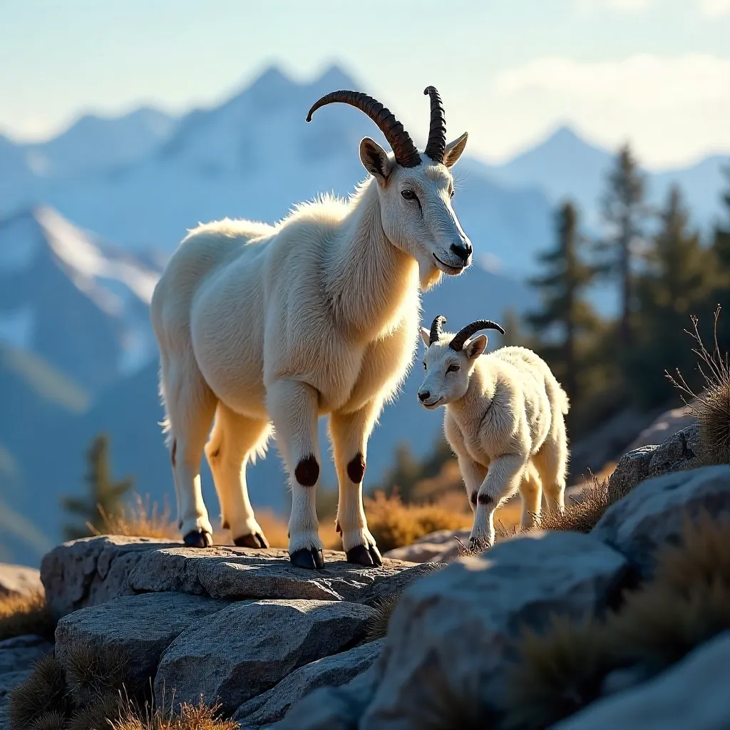 Mother Mountain Goat and Kid on Mount Evans