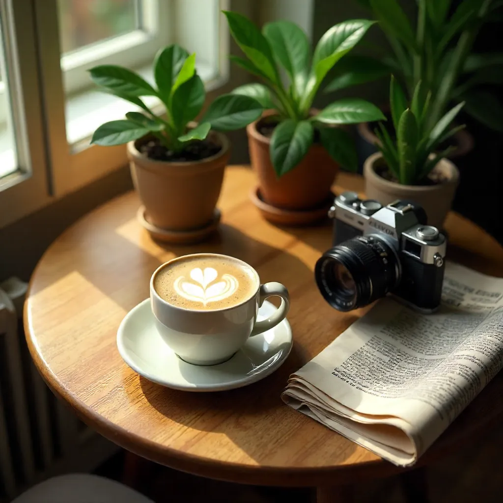 Cozy Round Table Still Life with Latte, Camera, Plants