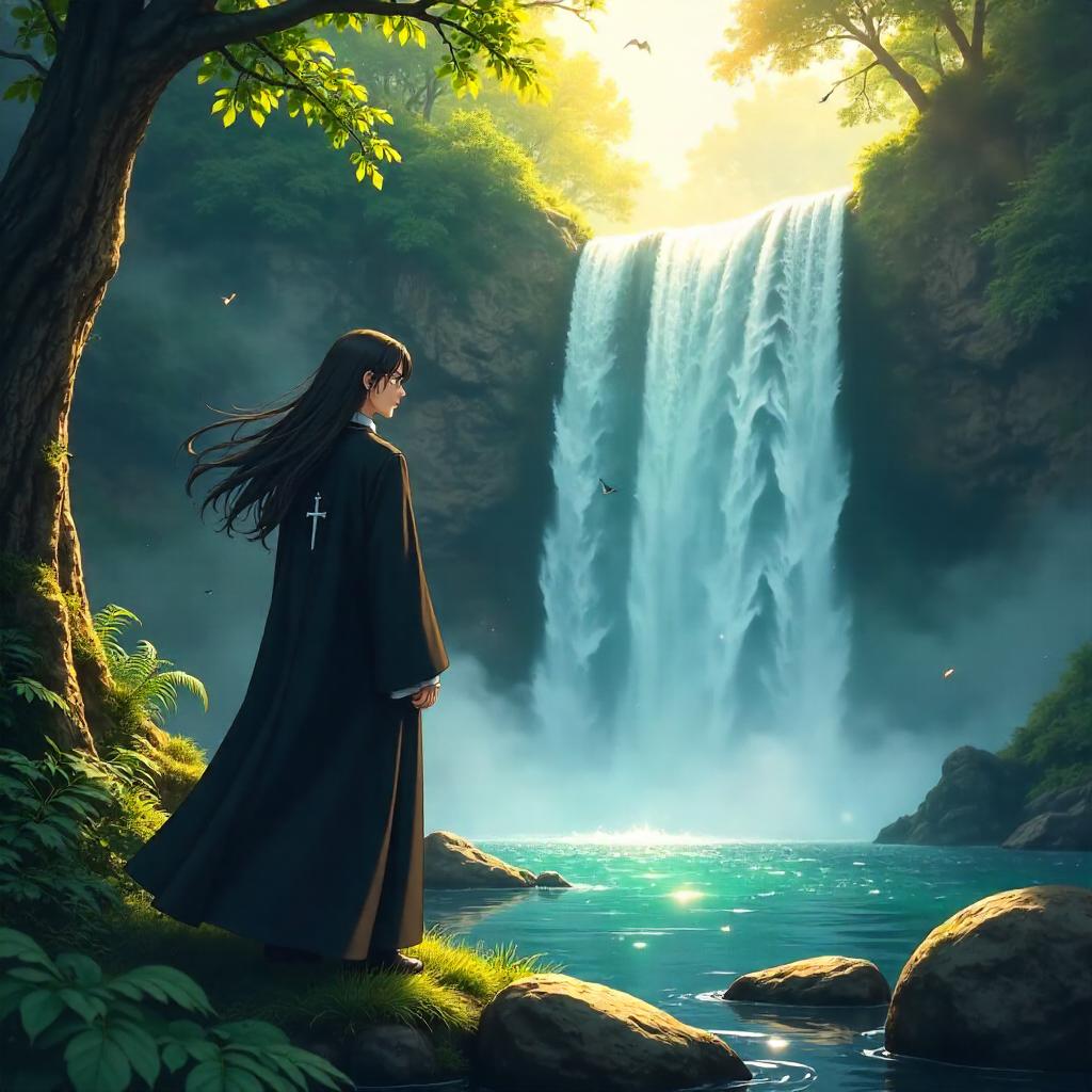 Anime Priest by a Misty Waterfall