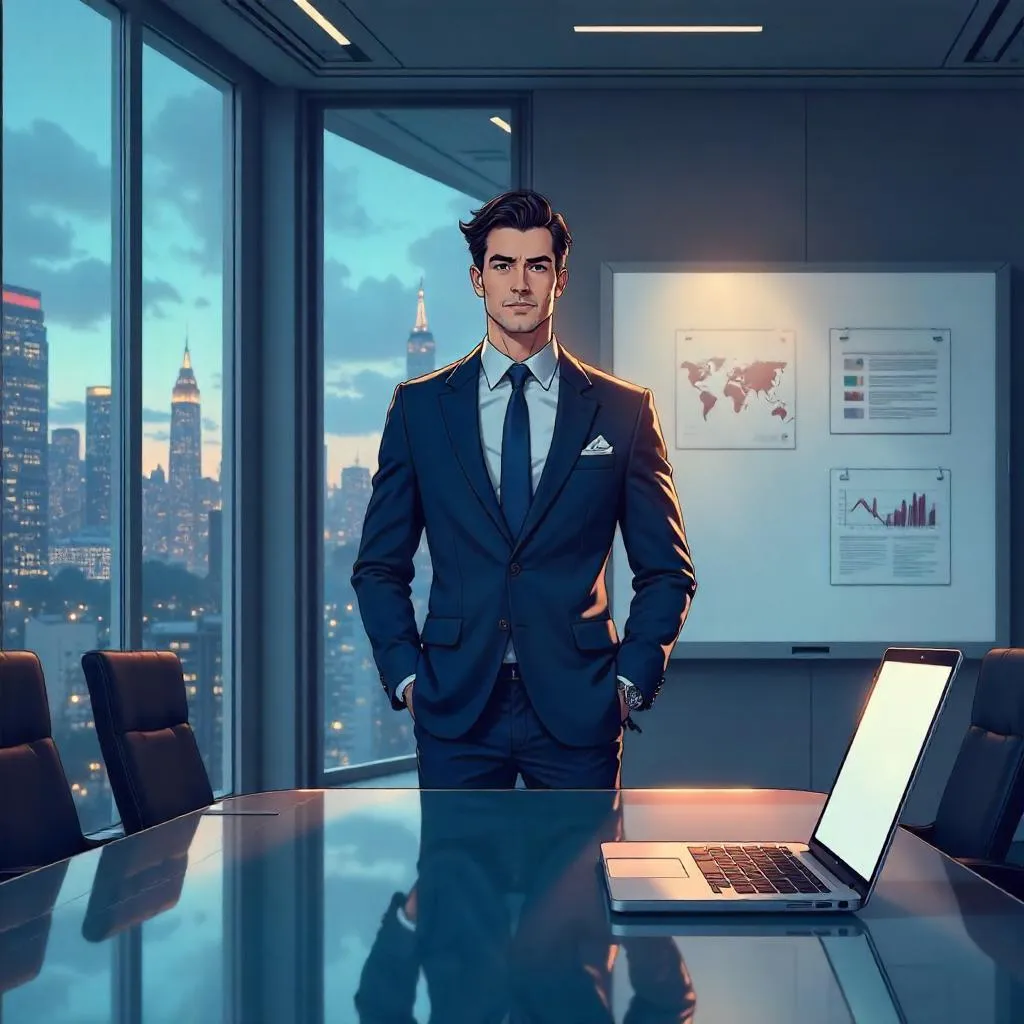 Elegant Anime CEO in a Glass Boardroom