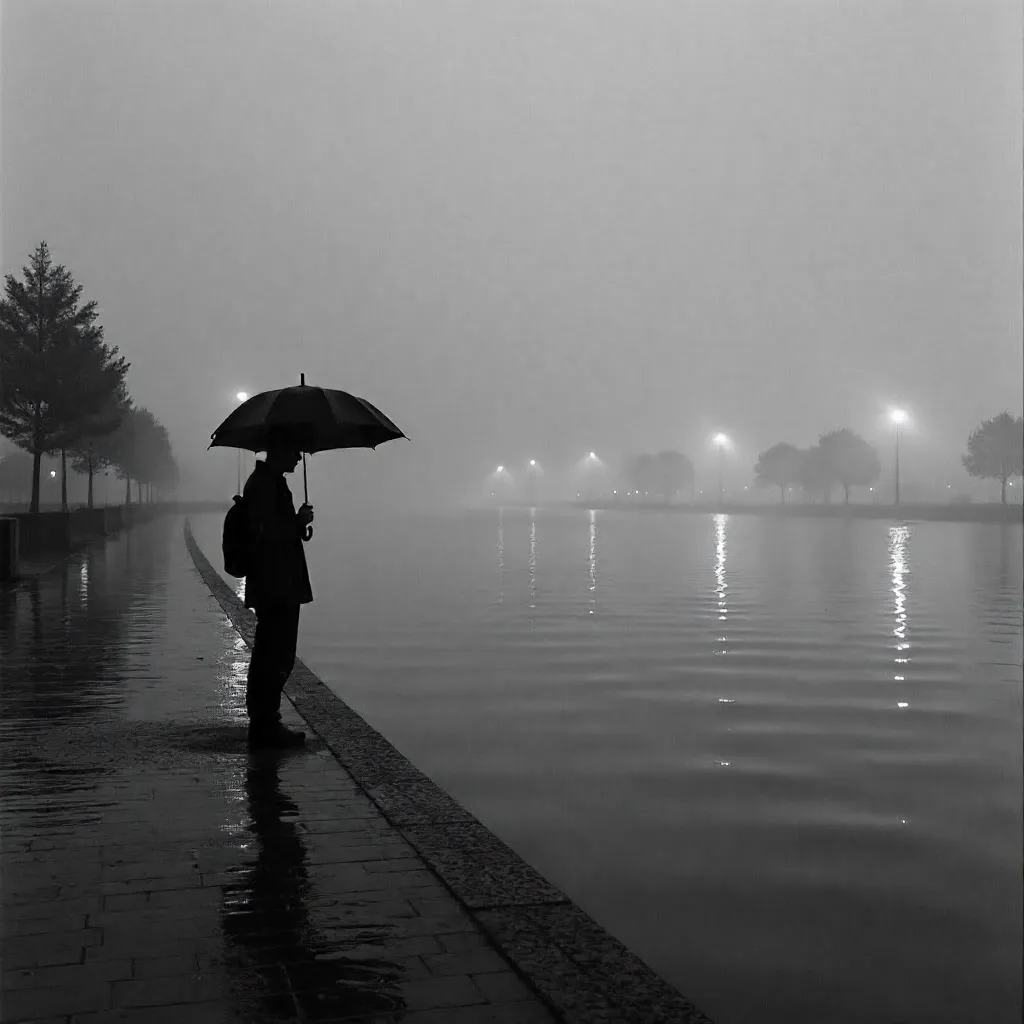 Monochrome Silhouette by Rainy Water with Umbrella
