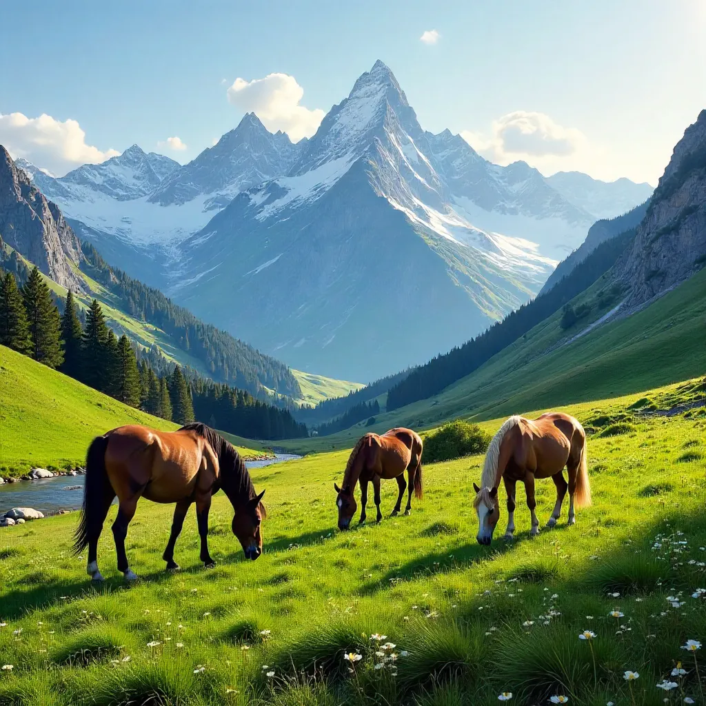 Horses Grazing on Alpine Meadow Under Snowy Peaks