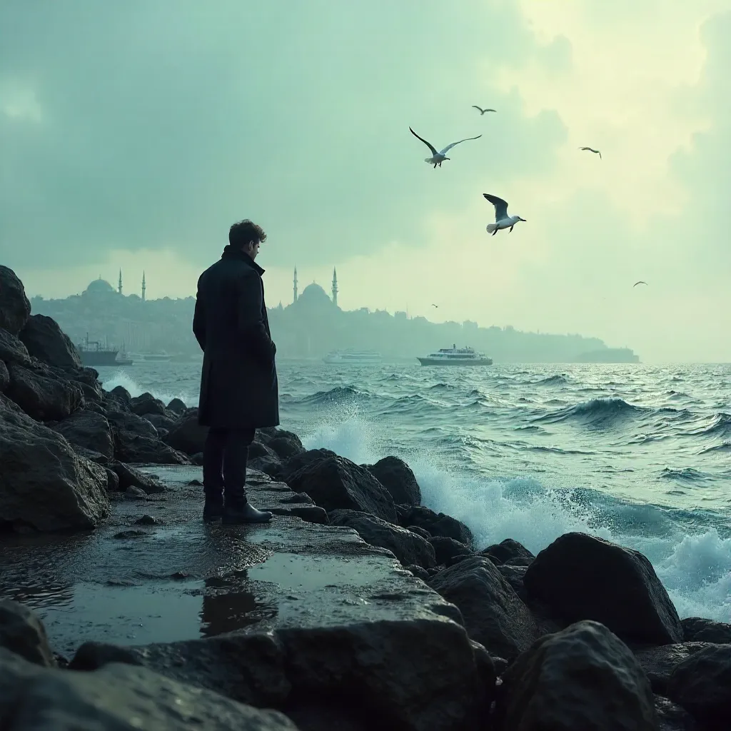 Solitary Figure on Istanbul's Rocky Shore