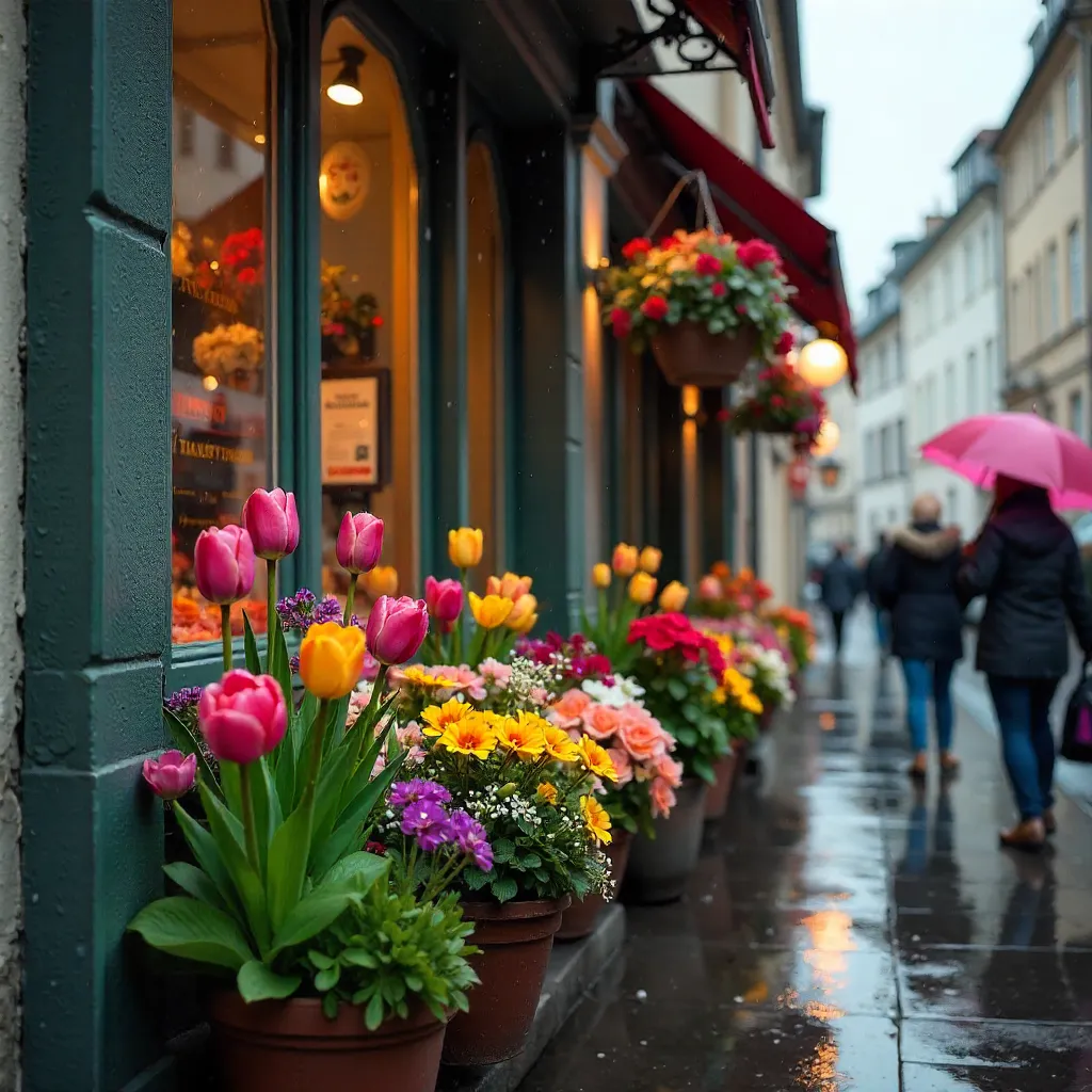 Rain-Kissed Florals in Stuttgart Shopfront