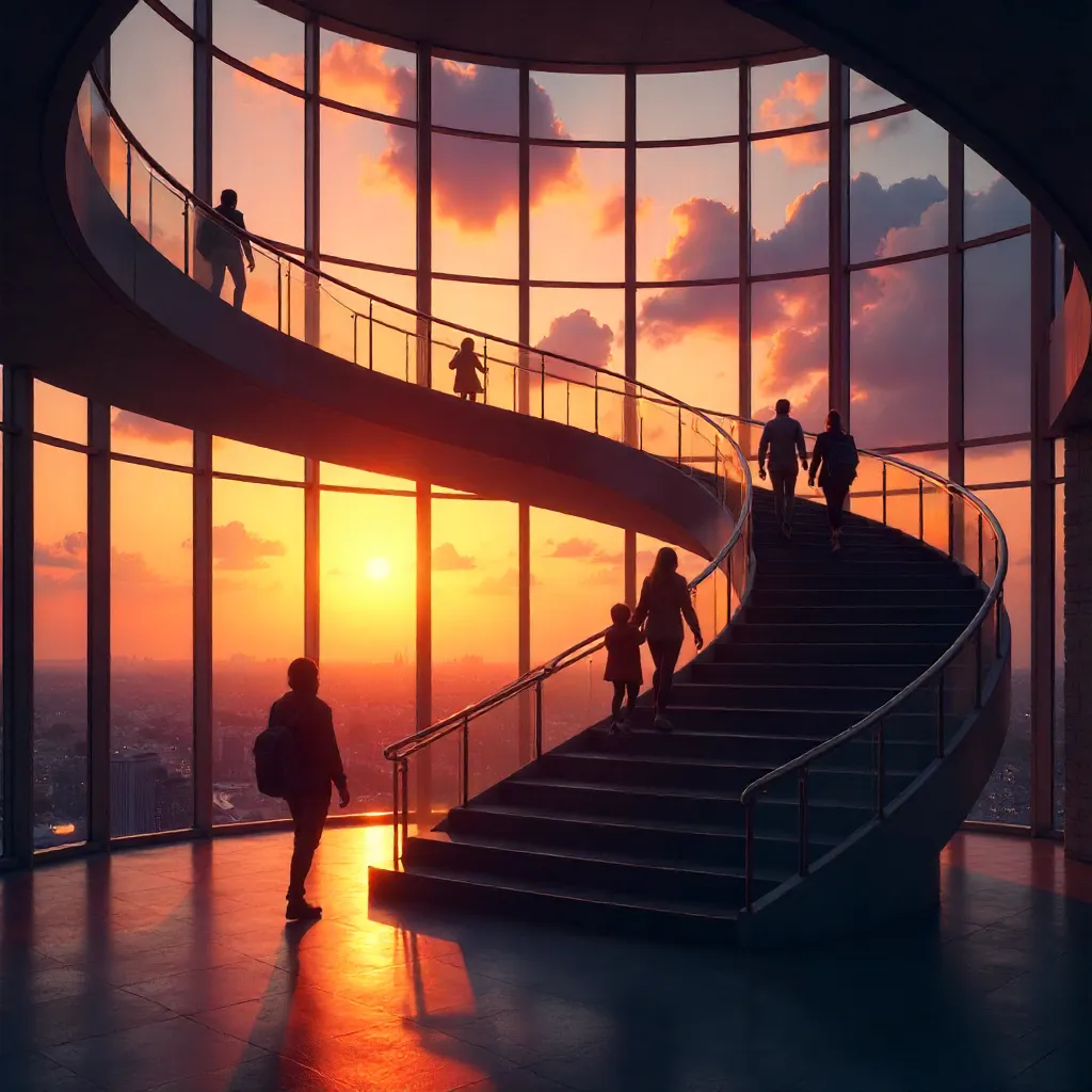 Silhouettes on a Spiral Staircase at Sunset