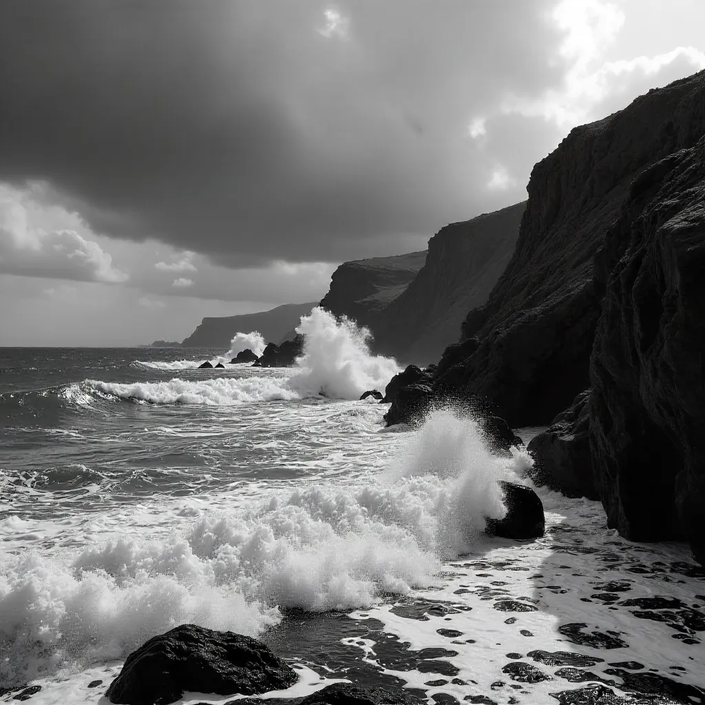 Crashing Waves Against Cliffs: A Monochrome Seascape