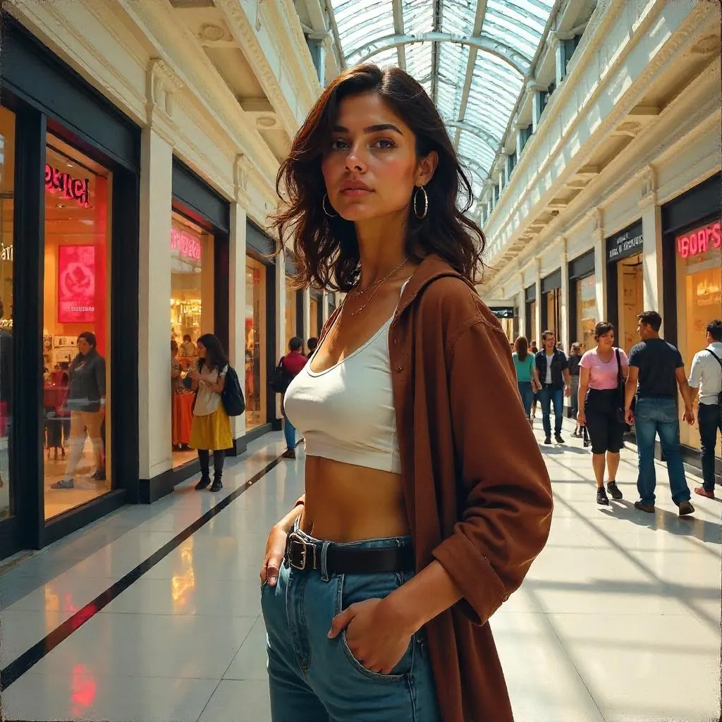 Oil Portrait of a Young Latina in a Mall