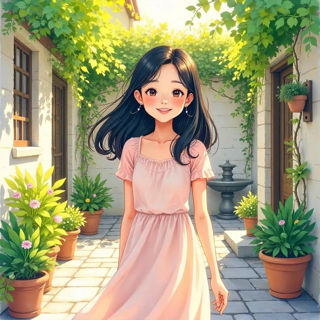 Cheerful Asian Girl in a Watercolor Courtyard