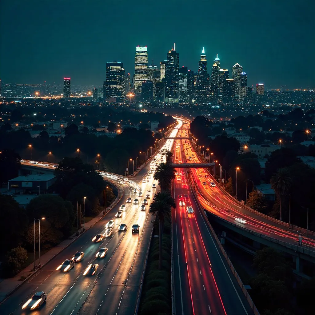 Aerial Night Traffic Over Downtown L.A. Skyline
