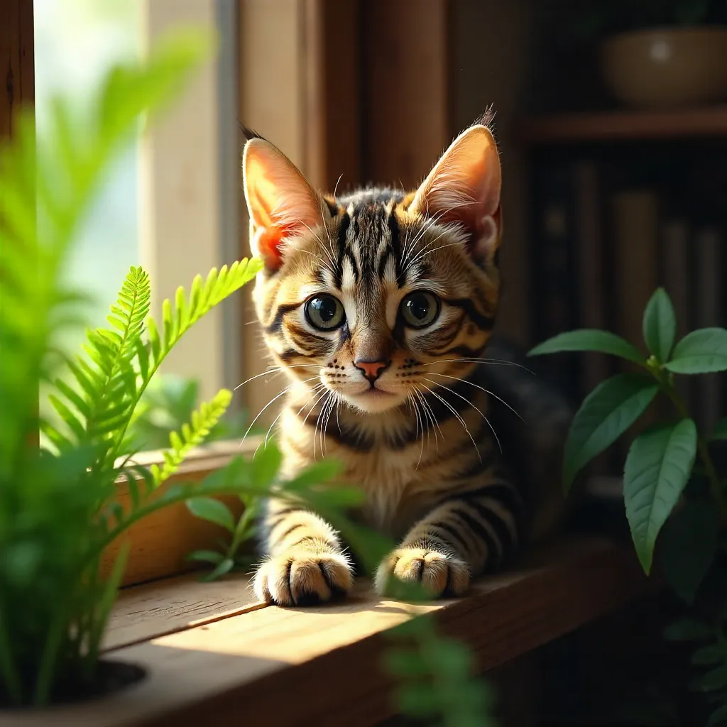 Playful striped cat peeks through indoor ferns