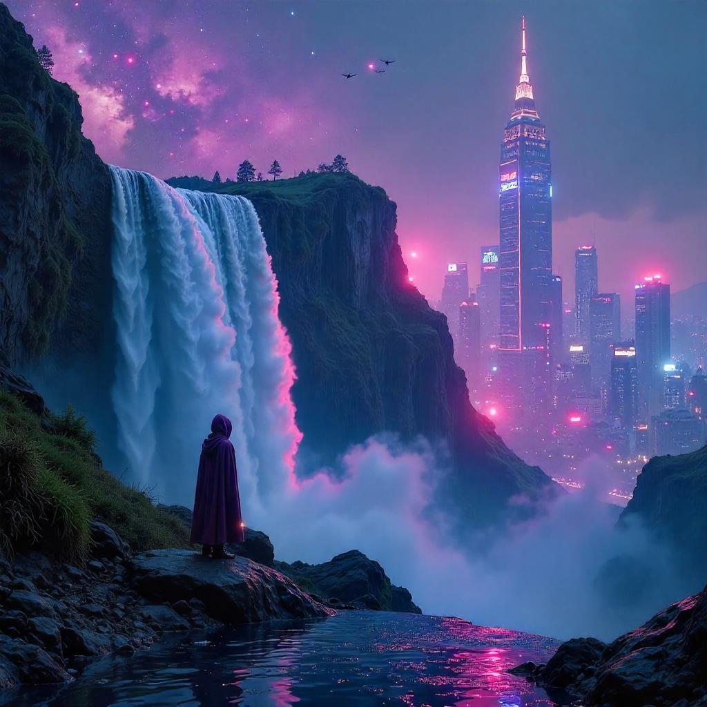 Neon Galaxy Falls: A Cyberpunk Oasis by the Waterfall